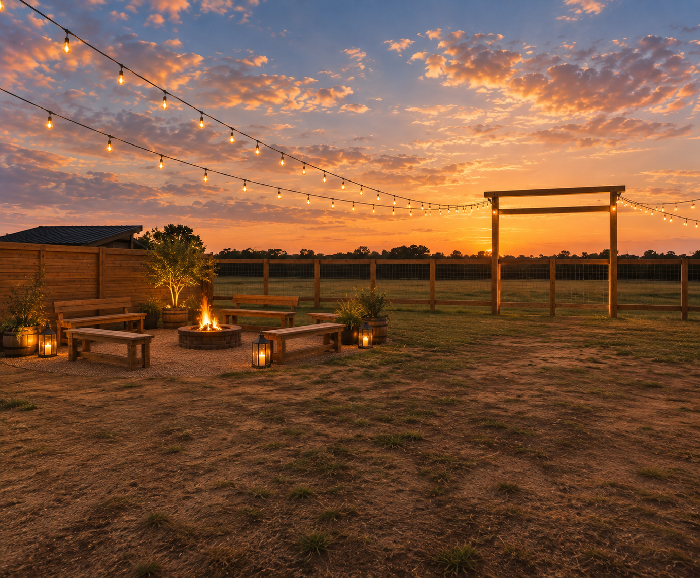 Firepit gathering area with benches and string lights